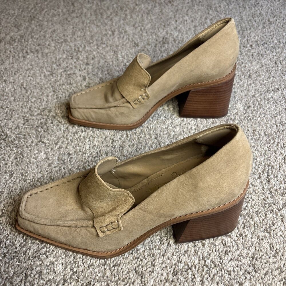 Vince Camuto 5M Segellis Pointed Toe Block Heeled Loafers Tortilla Suede Leather - Picture 7 of 8